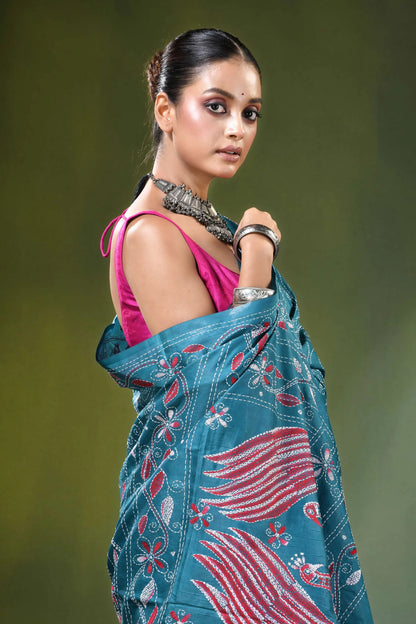 Greenish blue handcrafted peacock design multicolor silk kantha saree teal intricate red 2