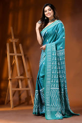 Greenish blue silk gujarati stitch saree with hand embroidered mirror work 3
