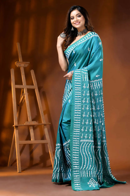Greenish blue silk gujarati stitch saree with hand embroidered mirror work 3