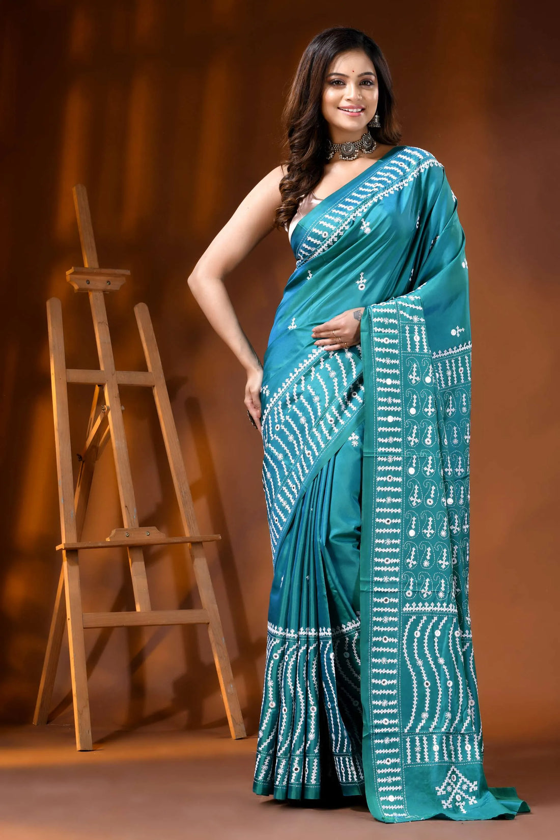Greenish blue silk gujarati stitch saree with hand embroidered mirror work 1