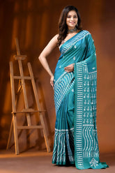 Greenish blue silk gujarati stitch saree with hand embroidered mirror work 1