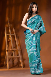 Greenish blue silk gujarati stitch saree with hand embroidered mirror work 4