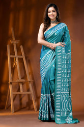 Greenish blue silk gujarati stitch saree with hand embroidered mirror work 6