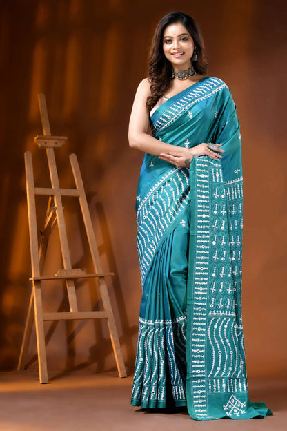 Greenish blue silk gujarati stitch saree with hand embroidered mirror work 6