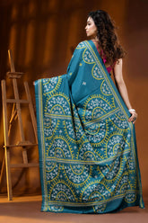 Greenish blue silk gujarati stitch saree with multicolor ethnic design 5