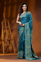 Greenish blue silk gujarati stitch saree with multicolor ethnic design 1