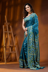 Greenish blue silk gujarati stitch saree with multicolor ethnic design 3