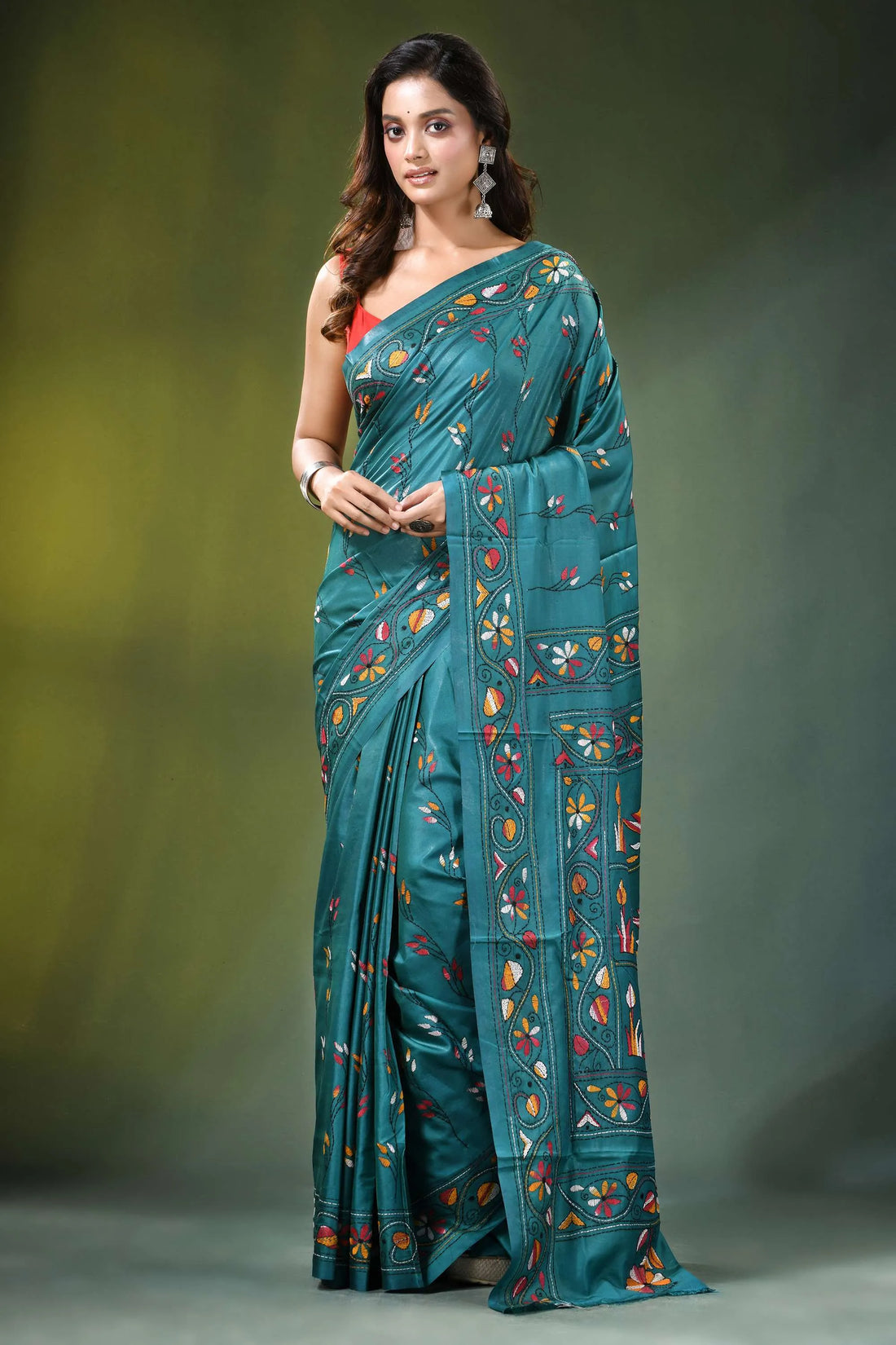 Greenish blue swan motif handmade silk kantha stitch saree teal intricate floral 1