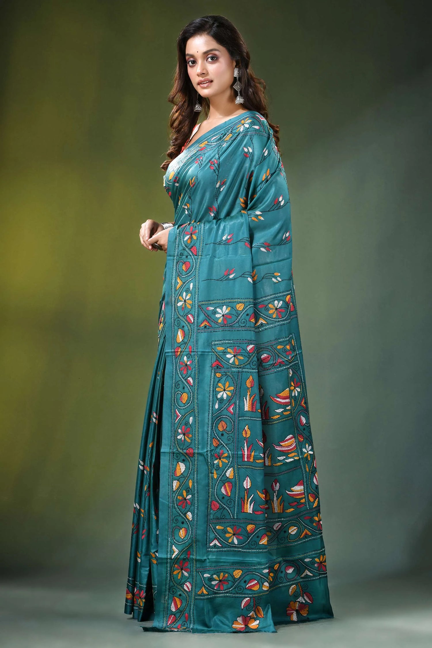 Greenish blue swan motif handmade silk kantha stitch saree teal intricate floral 3