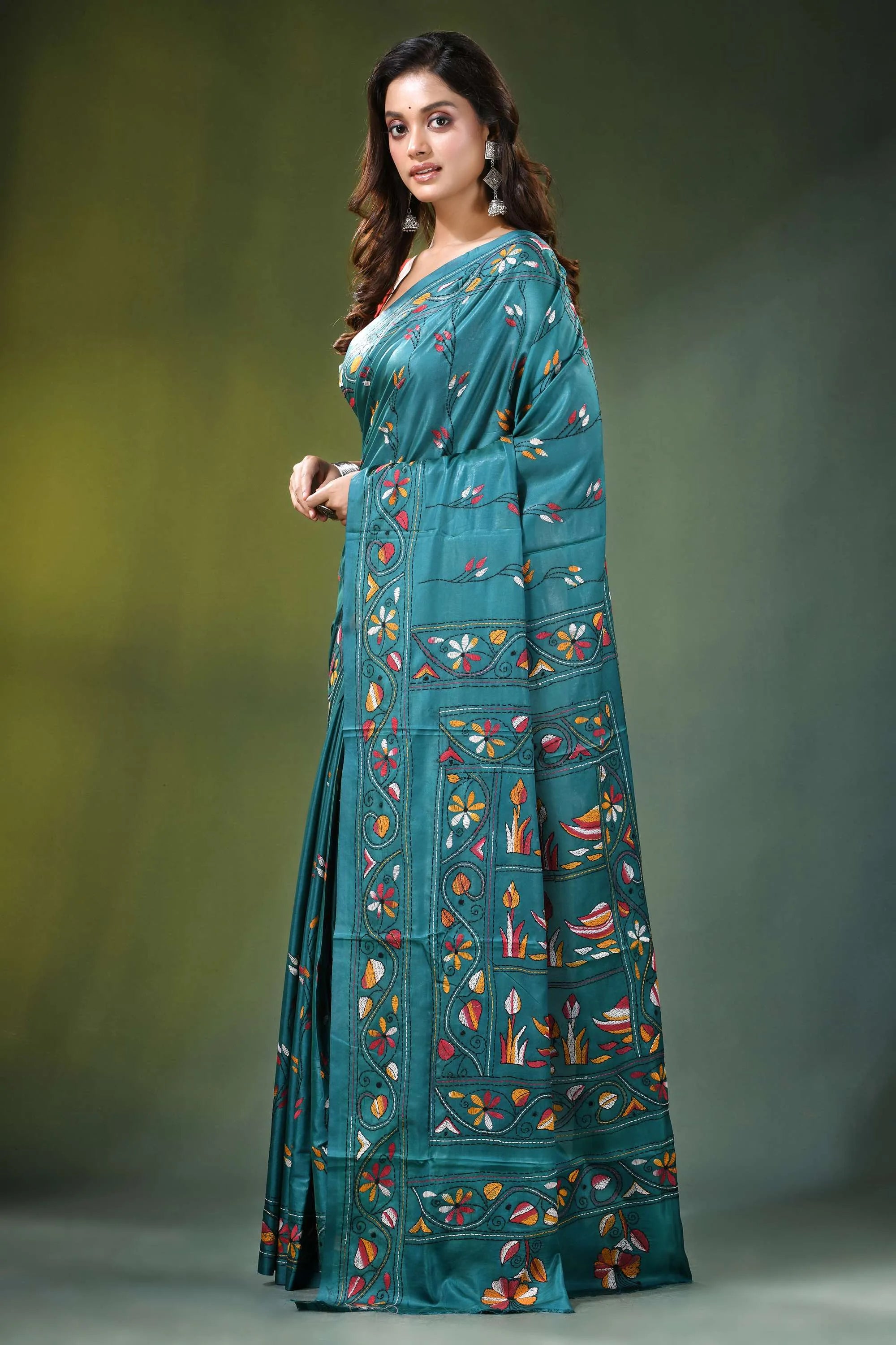 Greenish blue swan motif handmade silk kantha stitch saree teal intricate floral 3