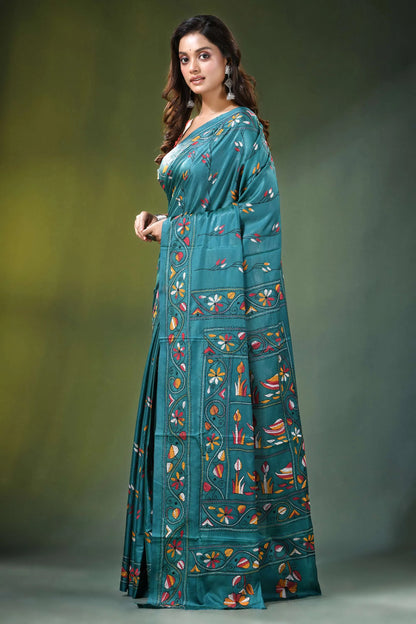 Greenish blue swan motif handmade silk kantha stitch saree teal intricate floral 3