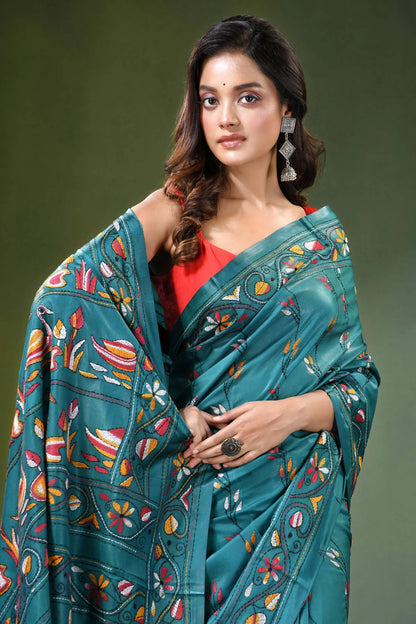 Greenish blue swan motif handmade silk kantha stitch saree teal intricate floral 2