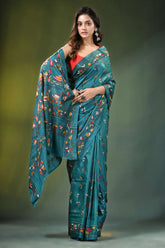Greenish blue swan motif handmade silk kantha stitch saree teal intricate hand-painted 4