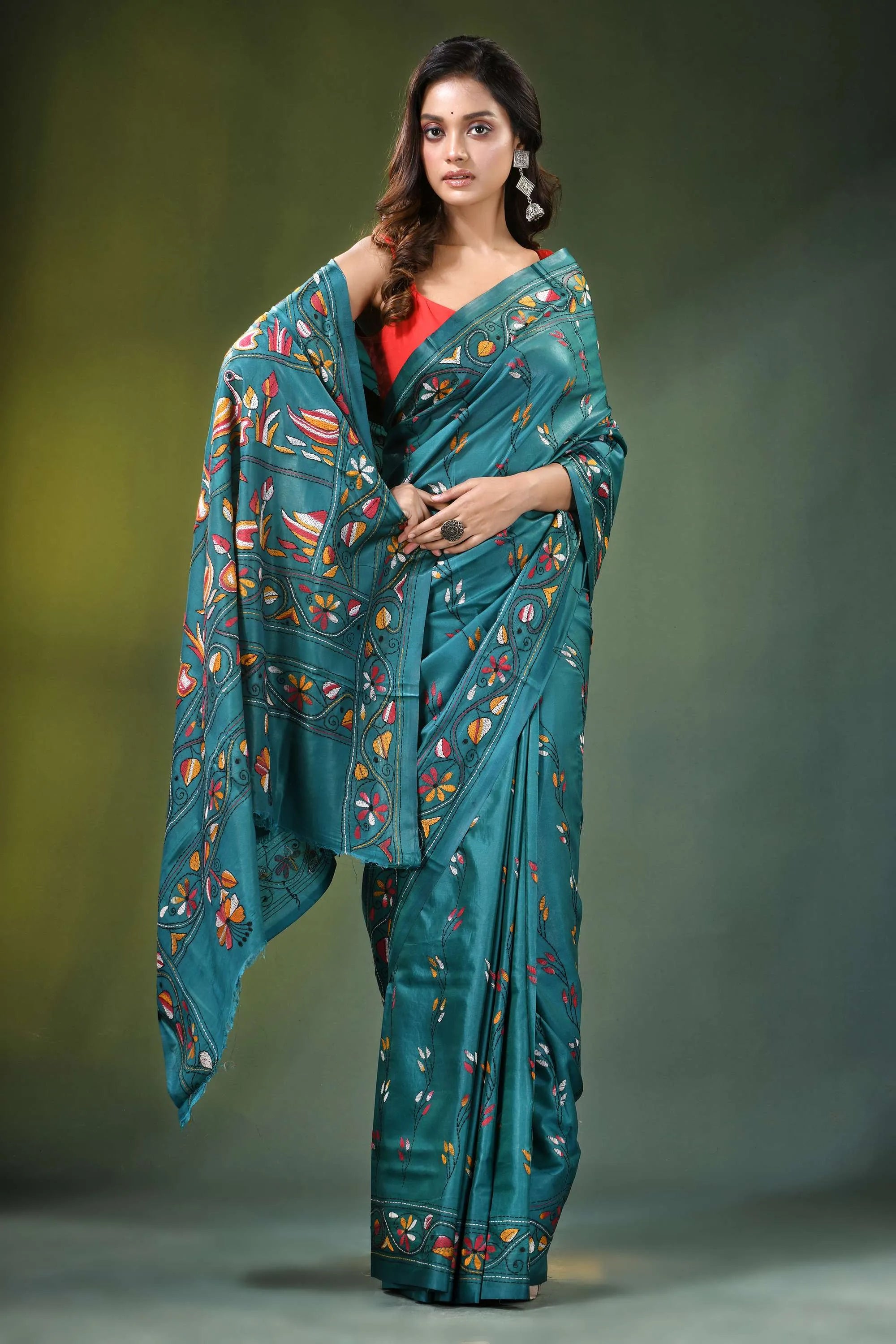 Greenish blue swan motif handmade silk kantha stitch saree teal intricate hand-painted 4