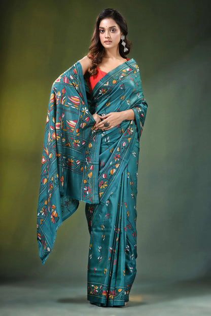 Greenish blue swan motif handmade silk kantha stitch saree teal intricate hand-painted 4