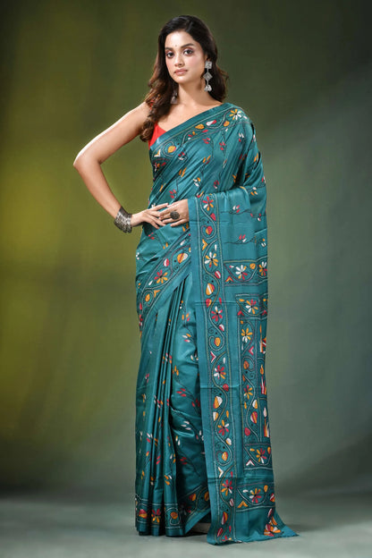 Greenish blue swan motif handmade silk kantha stitch saree teal intricate floral 6
