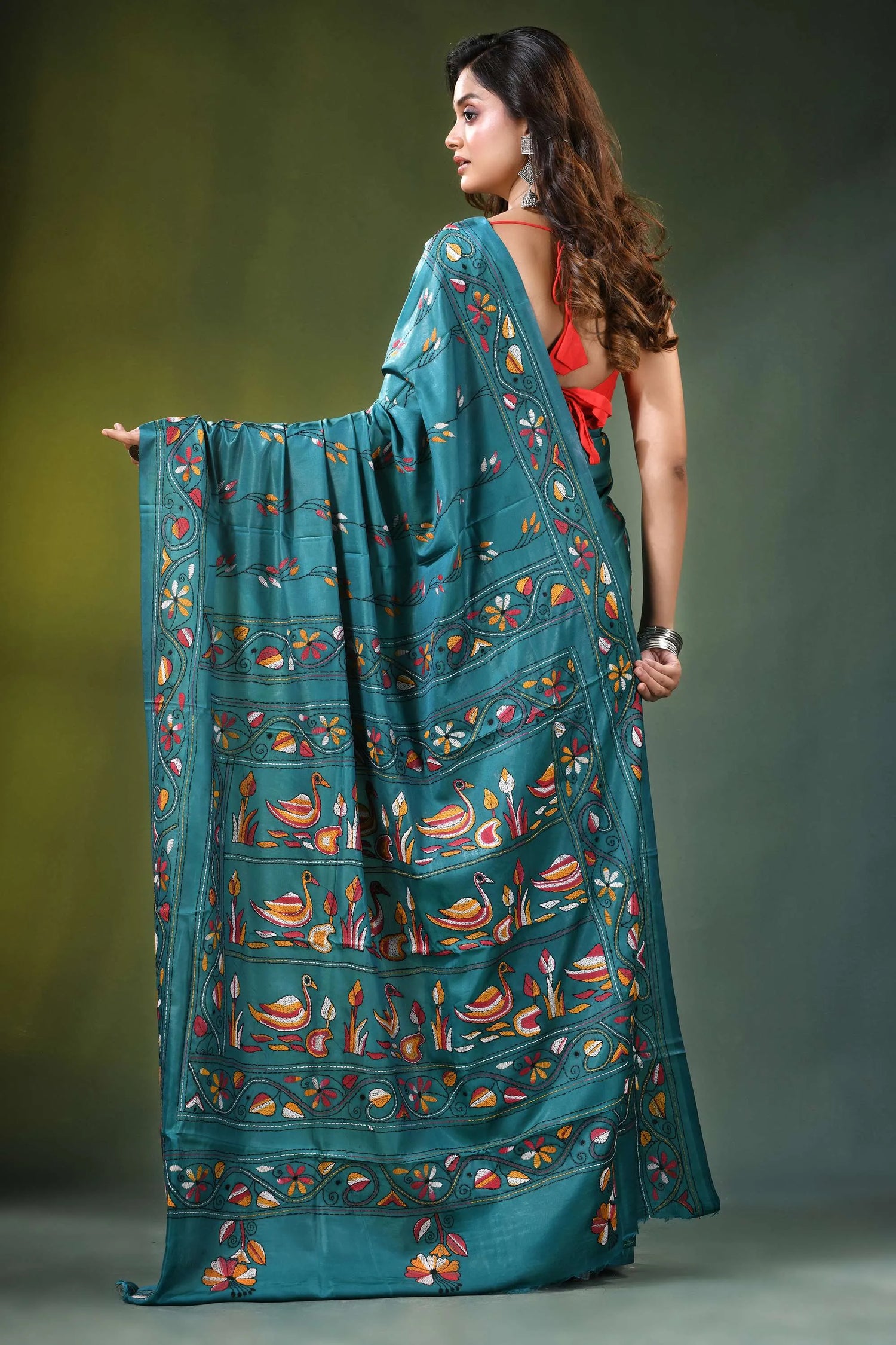 Greenish blue swan motif handmade silk kantha stitch saree teal-colored intricate floral bird 5