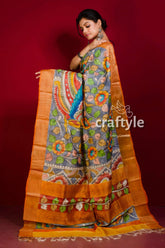 Grey and jaffa brown hand painted zari border pure tussar kalamkari sari woman hand-painted saree 3