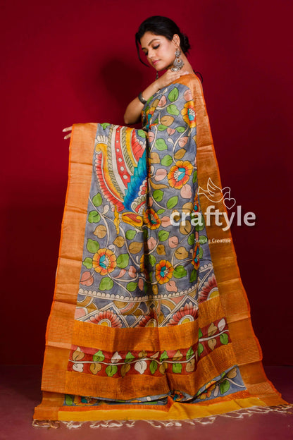 Grey and Jaffa Brown Hand Painted Zari Border Pure Tussar Kalamkari Sari - Craftyle