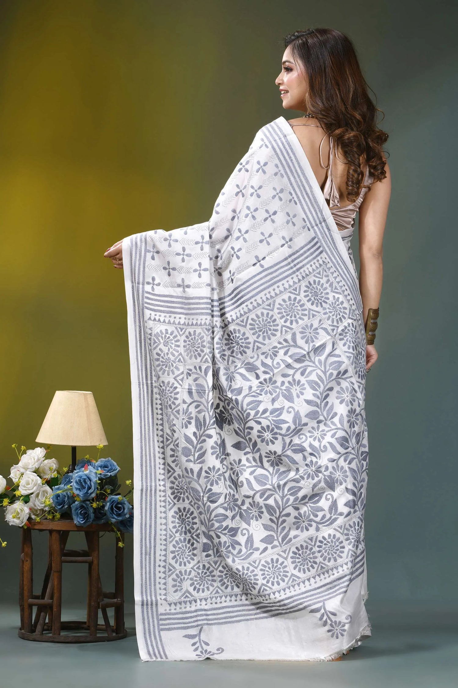 Grey thread floral heritage silk kantha stitch saree in white white gray floral-patterned saree intricate 5