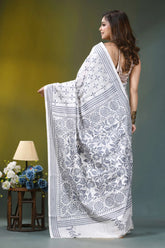 Grey thread floral heritage silk kantha stitch saree in white white gray floral-patterned saree intricate 5
