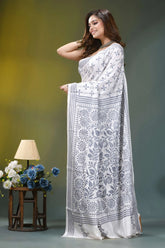Grey thread floral heritage silk kantha stitch saree in white white saree intricate gray floral 3