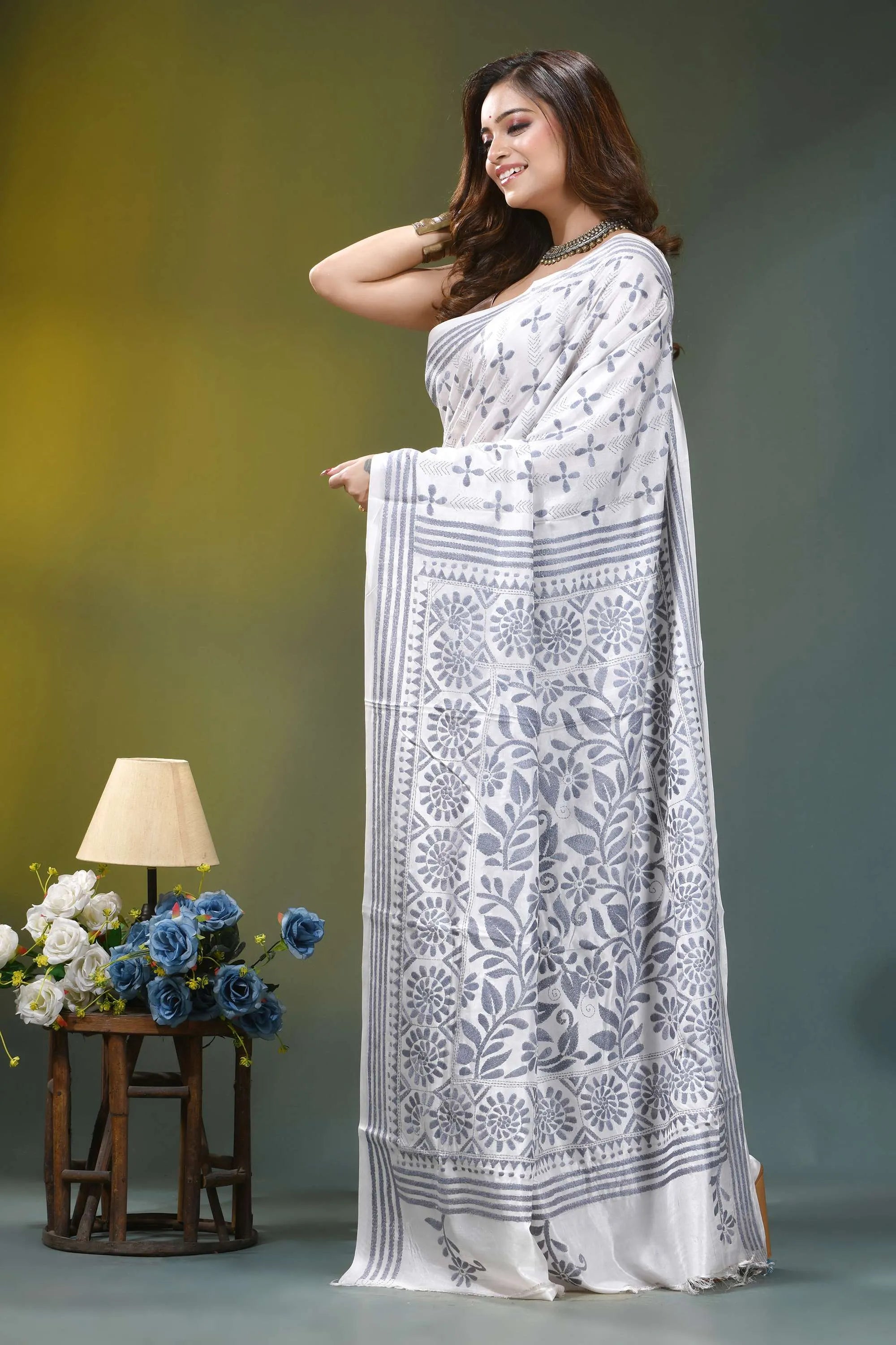 Grey thread floral heritage silk kantha stitch saree in white white saree intricate gray floral 3