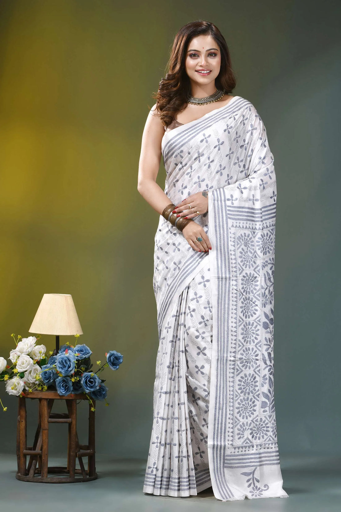 Grey thread floral heritage silk kantha stitch saree in white white sari intricate gray geometric 1