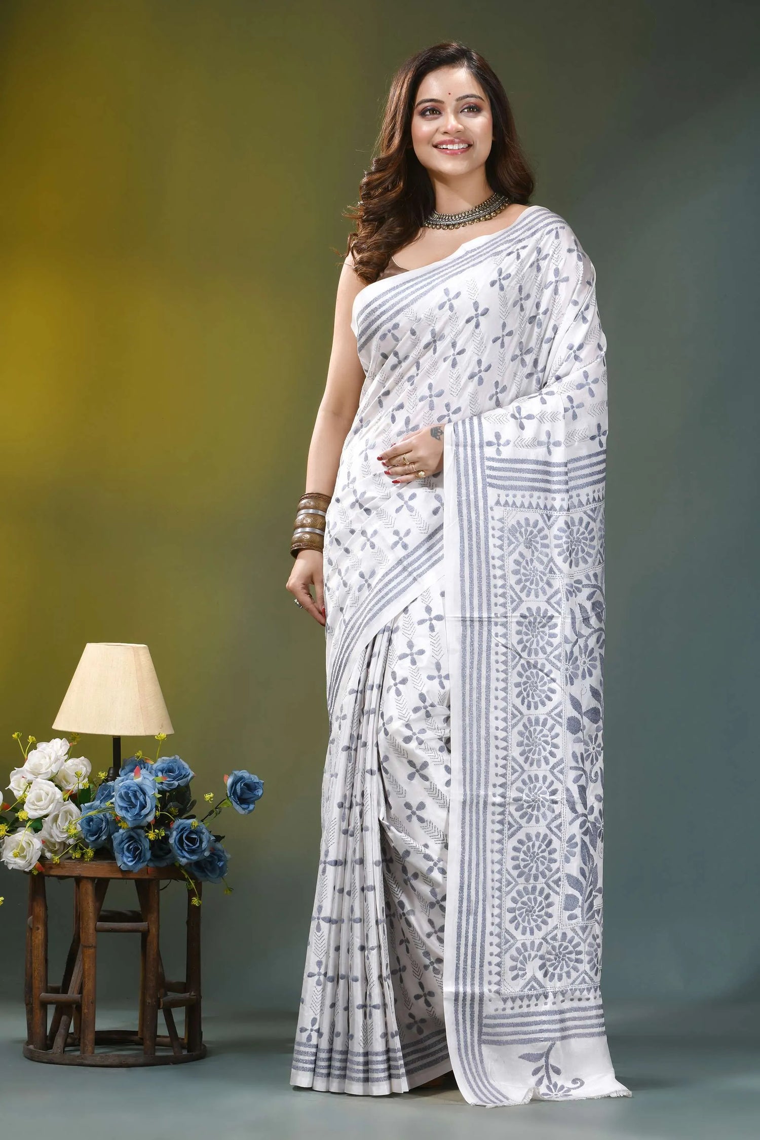 Grey thread floral heritage silk kantha stitch saree in white white sari intricate gray floral 6