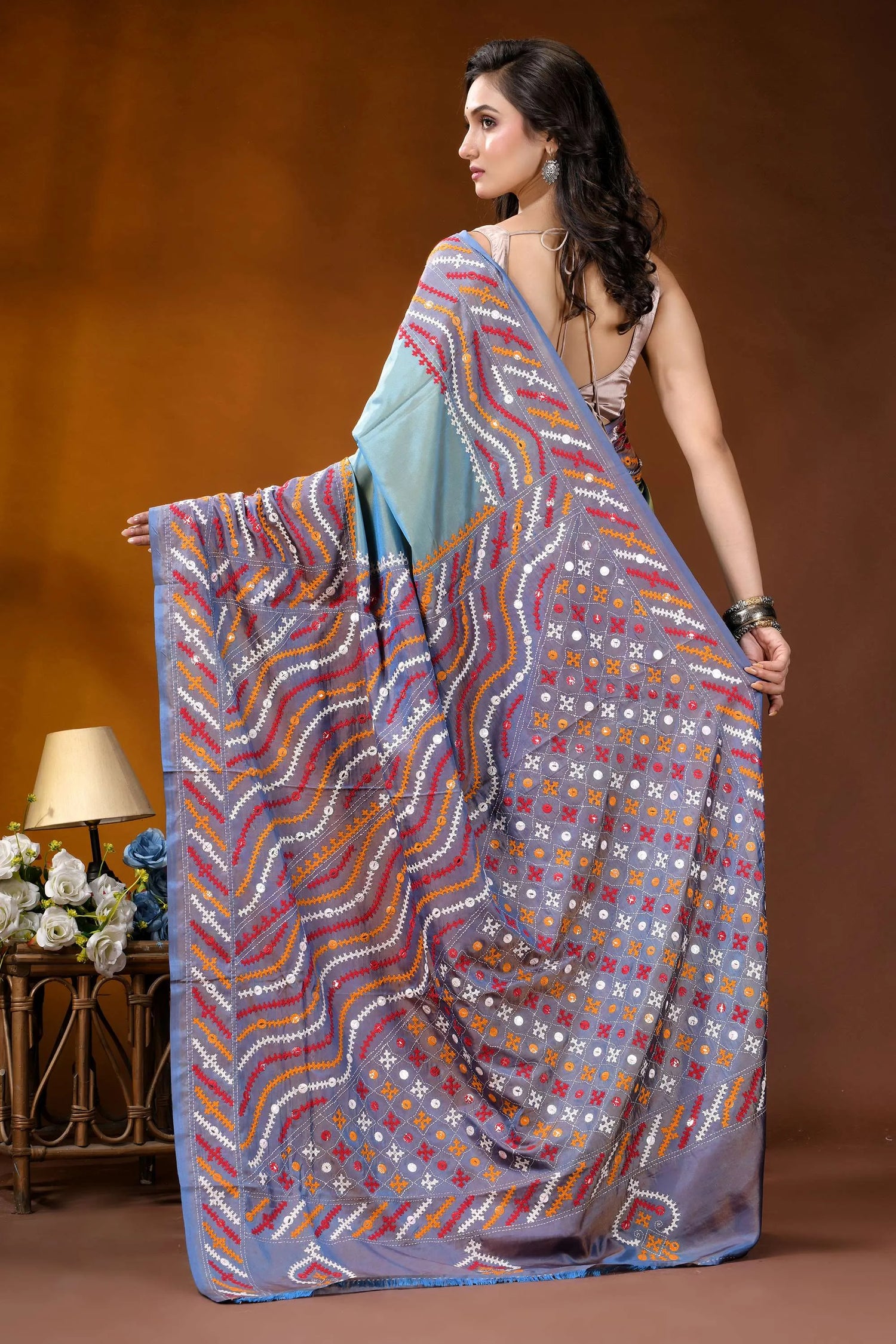 Greyish teal multi-thread ethnic design gujarati stitch dyed silk saree - mirror detailing woman wears light blue gray 5