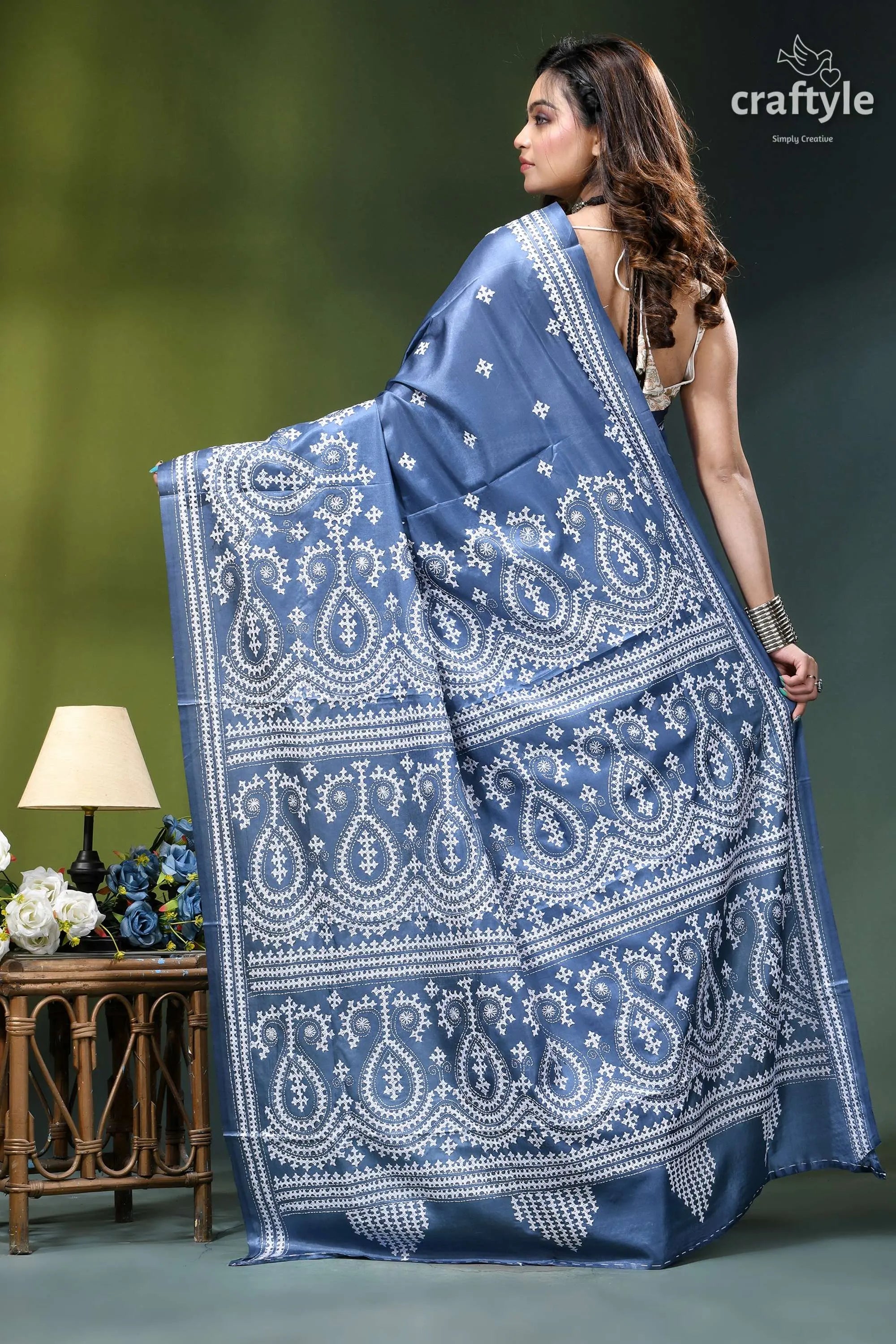 Gujrati embroidery shadow blue handcrafted exclusive silk saree woman wears navy blue saree 5