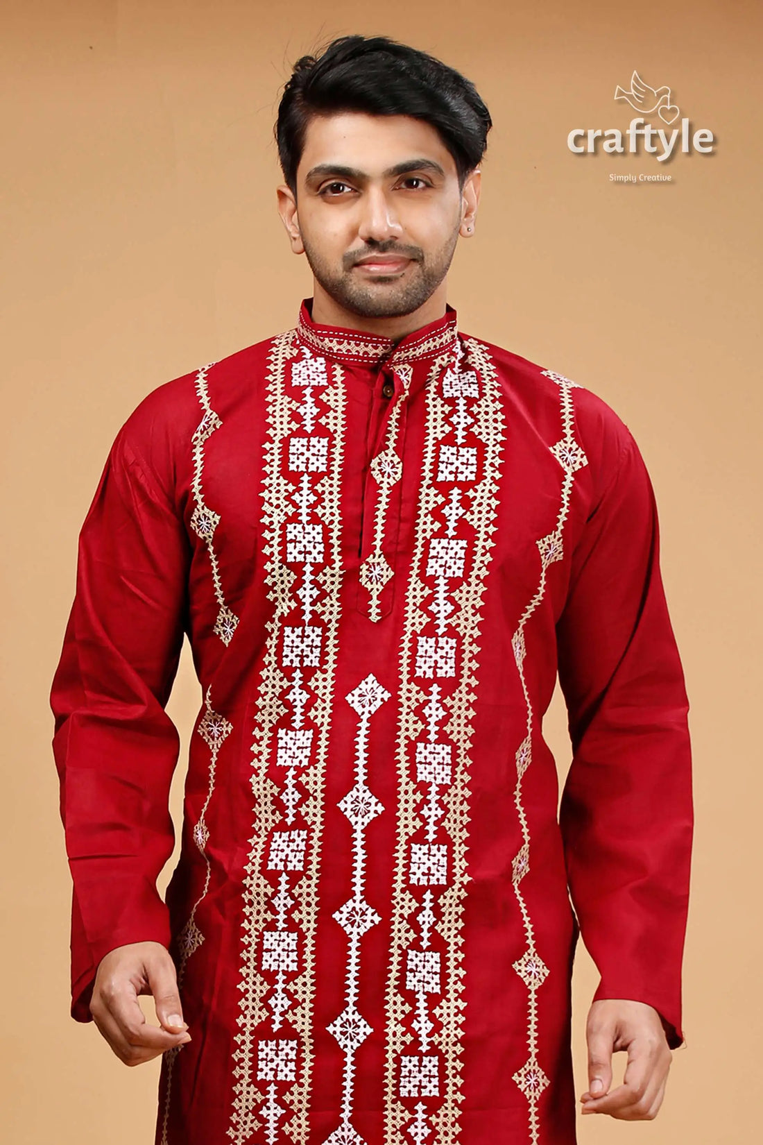 Gujrati stitched burgundy red kantha work cotton punjabi for men maroon kurta white embroidery 2
