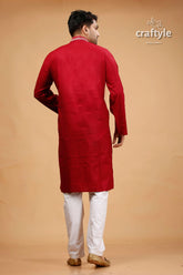 Gujrati stitched burgundy red kantha work cotton punjabi for men maroon kurta white pants 5