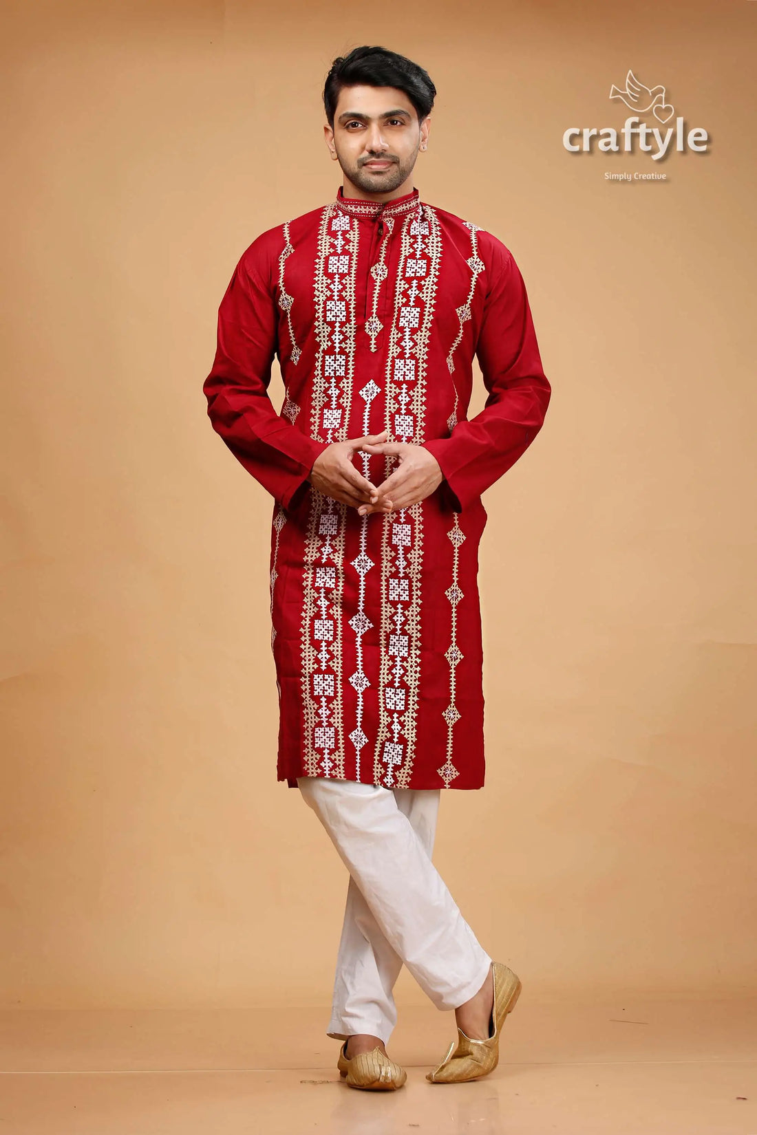 Gujrati stitched burgundy red kantha work cotton punjabi for men maroon embroidered kurta white pants 1