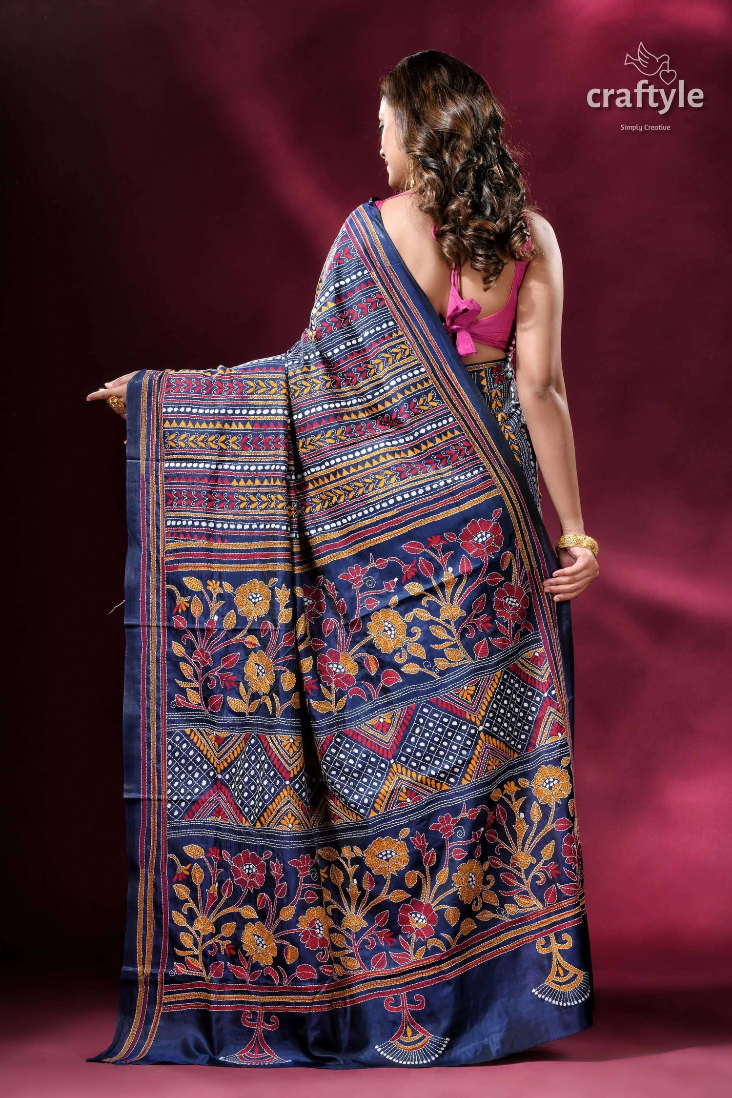 Gulf blue all over hand embroidery kantha silk saree intricately patterned blue saree 4