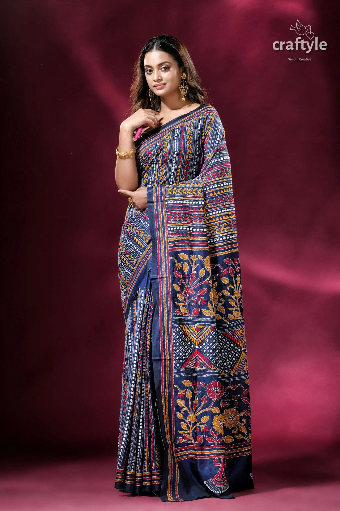 Gulf blue all over hand embroidery kantha silk saree elegant patterned saree 1