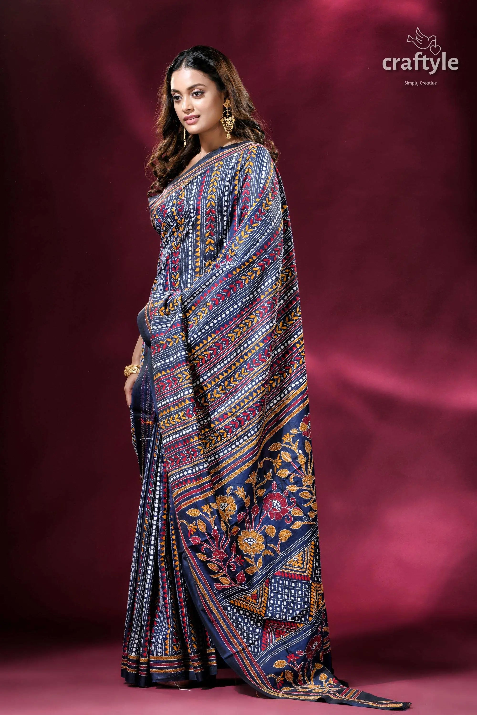 Gulf blue all over hand embroidery kantha silk saree elegant patterned saree 5