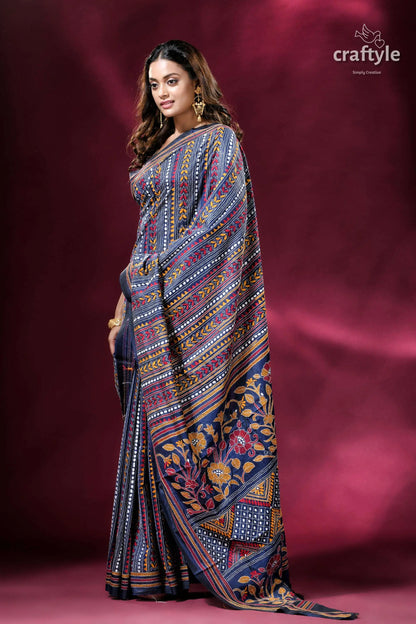 Gulf blue all over hand embroidery kantha silk saree elegant patterned saree 5