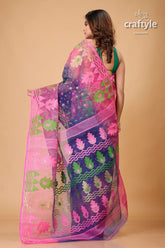 Gulf Blue and Pink Handloom Jamdani Sari-Craftyle