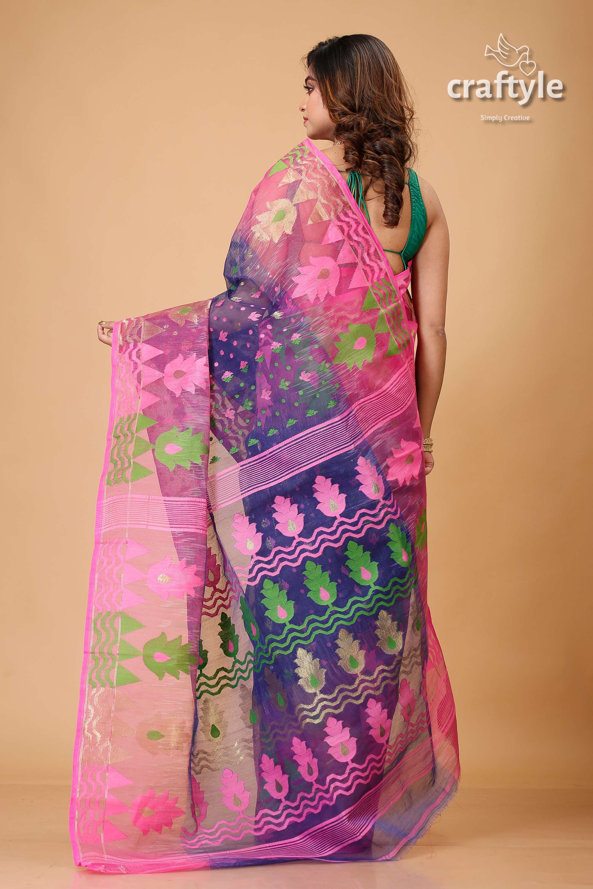 Gulf Blue and Pink Handloom Jamdani Sari-Craftyle