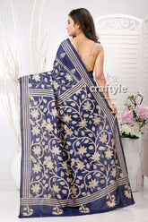 Gulf Blue Beige Thread Work Floral Handmade Silk Kantha Saree - Craftyle
