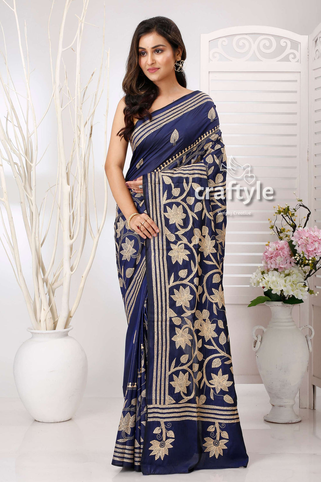 Gulf Blue Beige Thread Work Floral Handmade Silk Kantha Saree - Craftyle