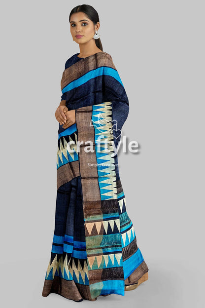 Gulf Blue Hand Block Print Zari Border Pure Tussar Saree - Craftyle