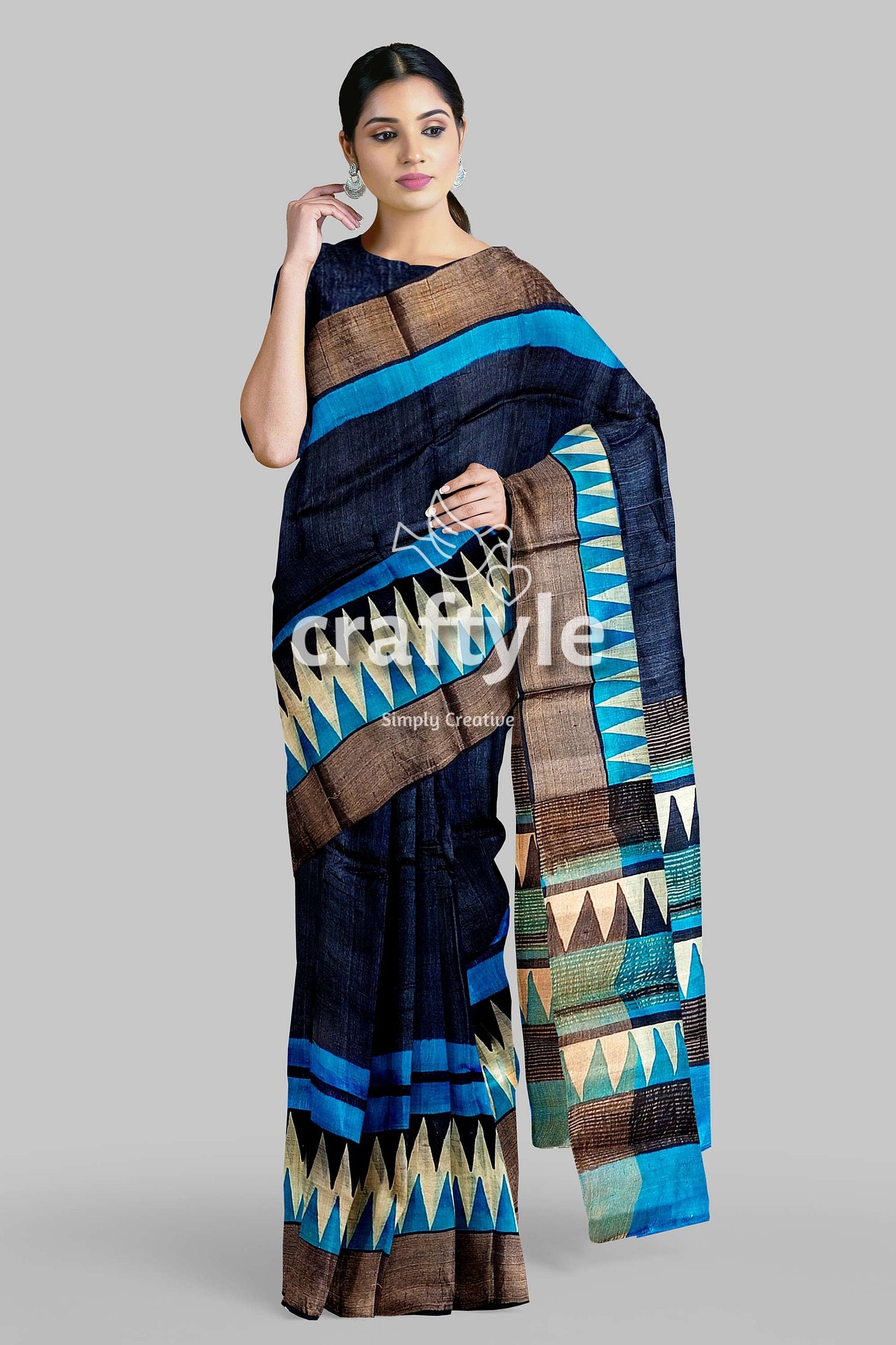 Gulf Blue Hand Block Print Zari Border Pure Tussar Saree - Craftyle