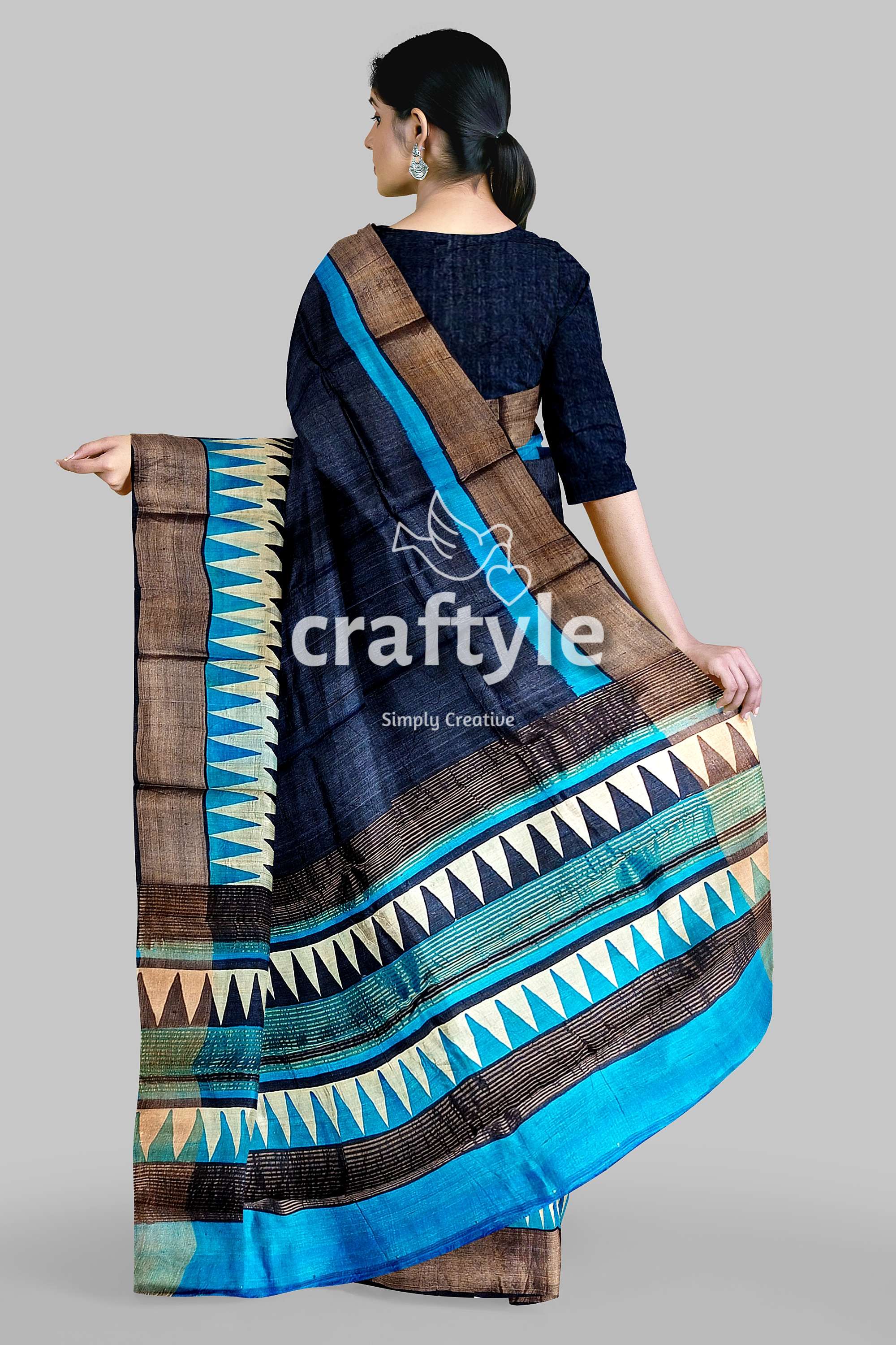 Gulf Blue Hand Block Print Zari Border Pure Tussar Saree - Craftyle