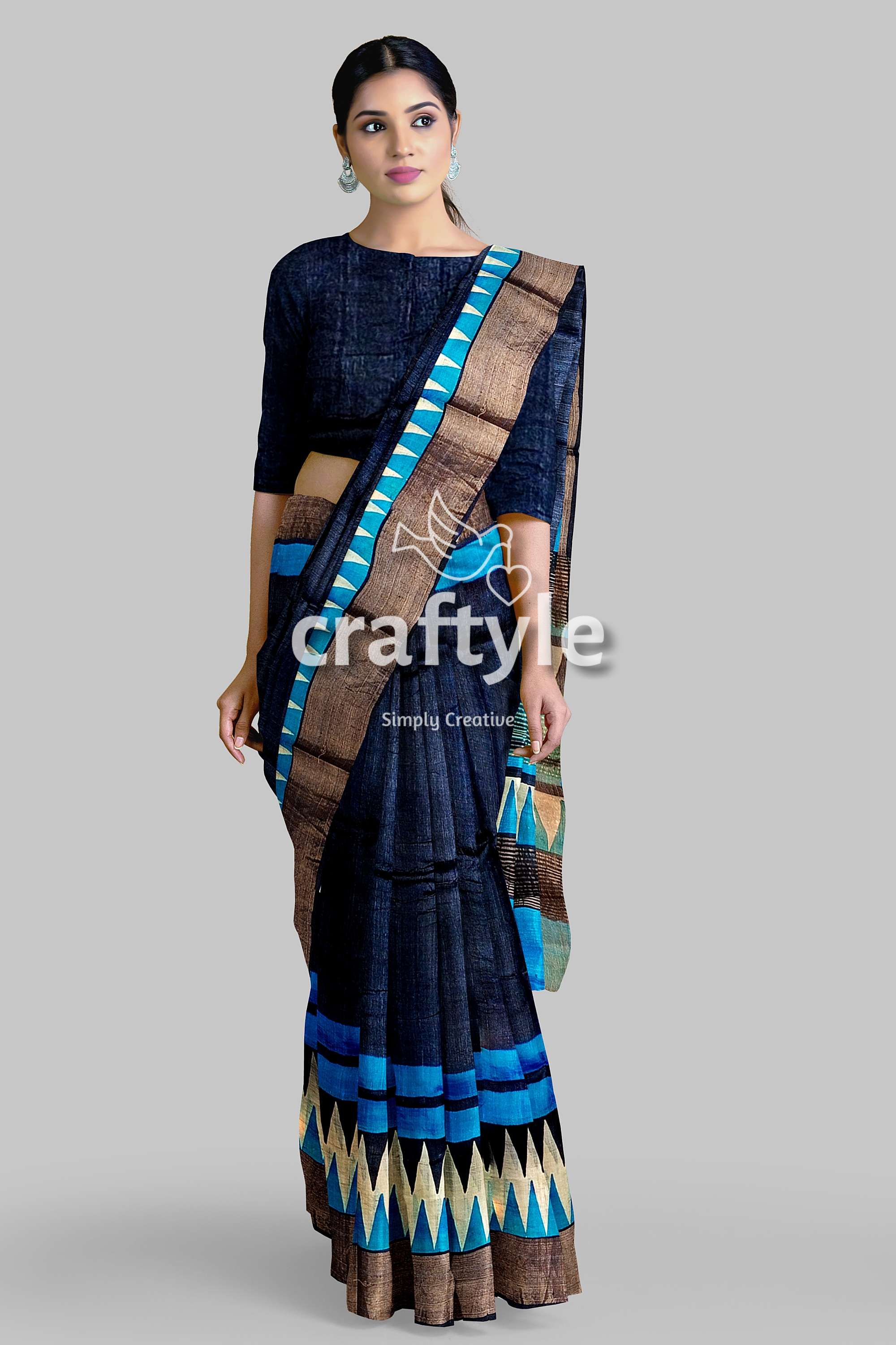 Gulf Blue Hand Block Print Zari Border Pure Tussar Saree - Craftyle