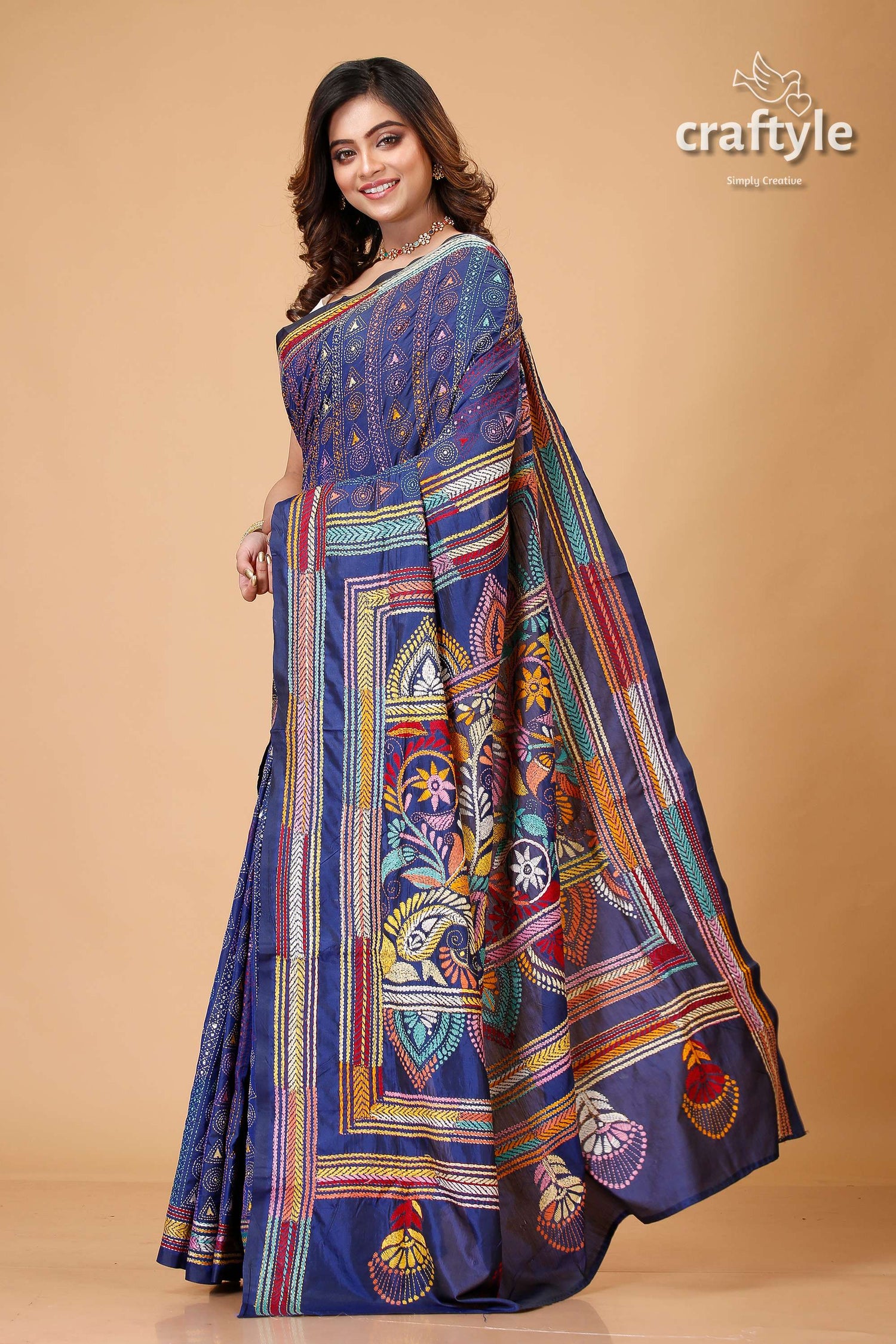 Gulf Blue Hand Embroidered Silk Kantha Stitched Saree - Craftyle