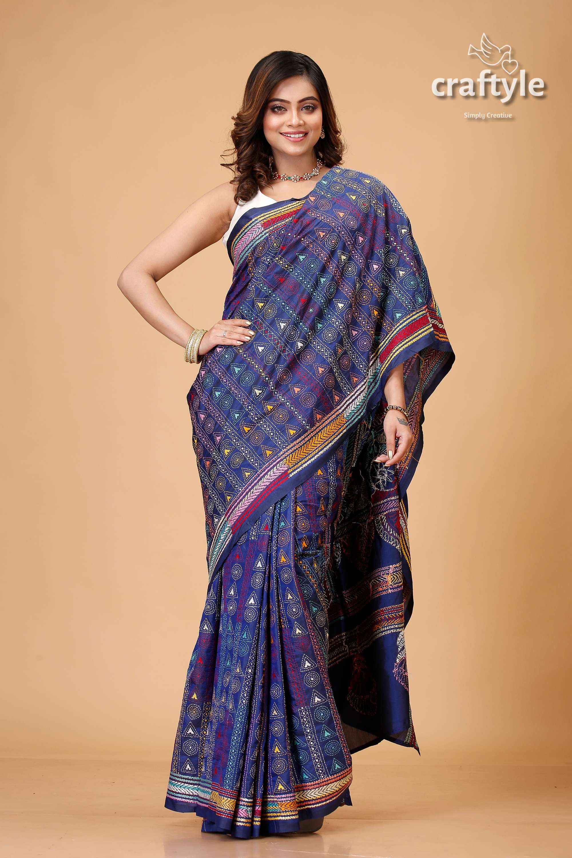 Gulf Blue Hand Embroidered Silk Kantha Stitched Saree - Craftyle