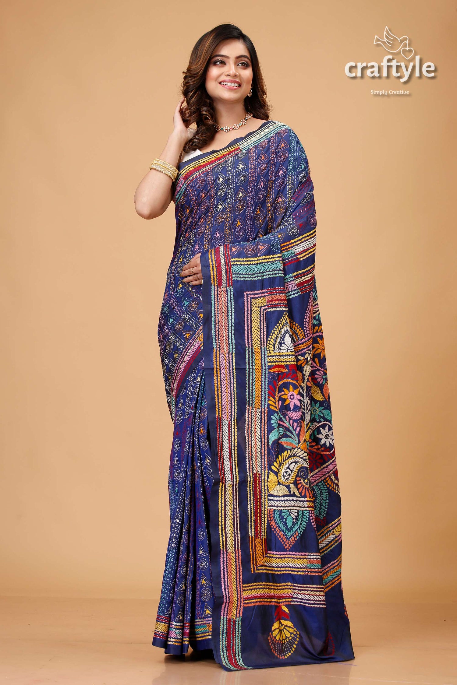 Gulf Blue Hand Embroidered Silk Kantha Stitched Saree - Craftyle