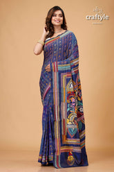 Gulf Blue Hand Embroidered Silk Kantha Stitched Saree - Craftyle